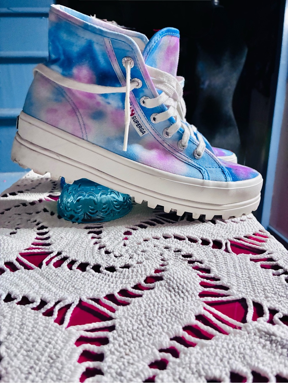 Tie Dye Pink and Blue High Top Sneakers.